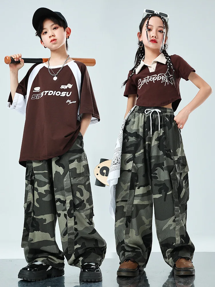 

Kid Hip Hop Clothing Coffee Crop Top T Shirt Camouflage Casual Strap Cargo Baggy Pants for Girl Boy Jazz Dance Costume Clothes