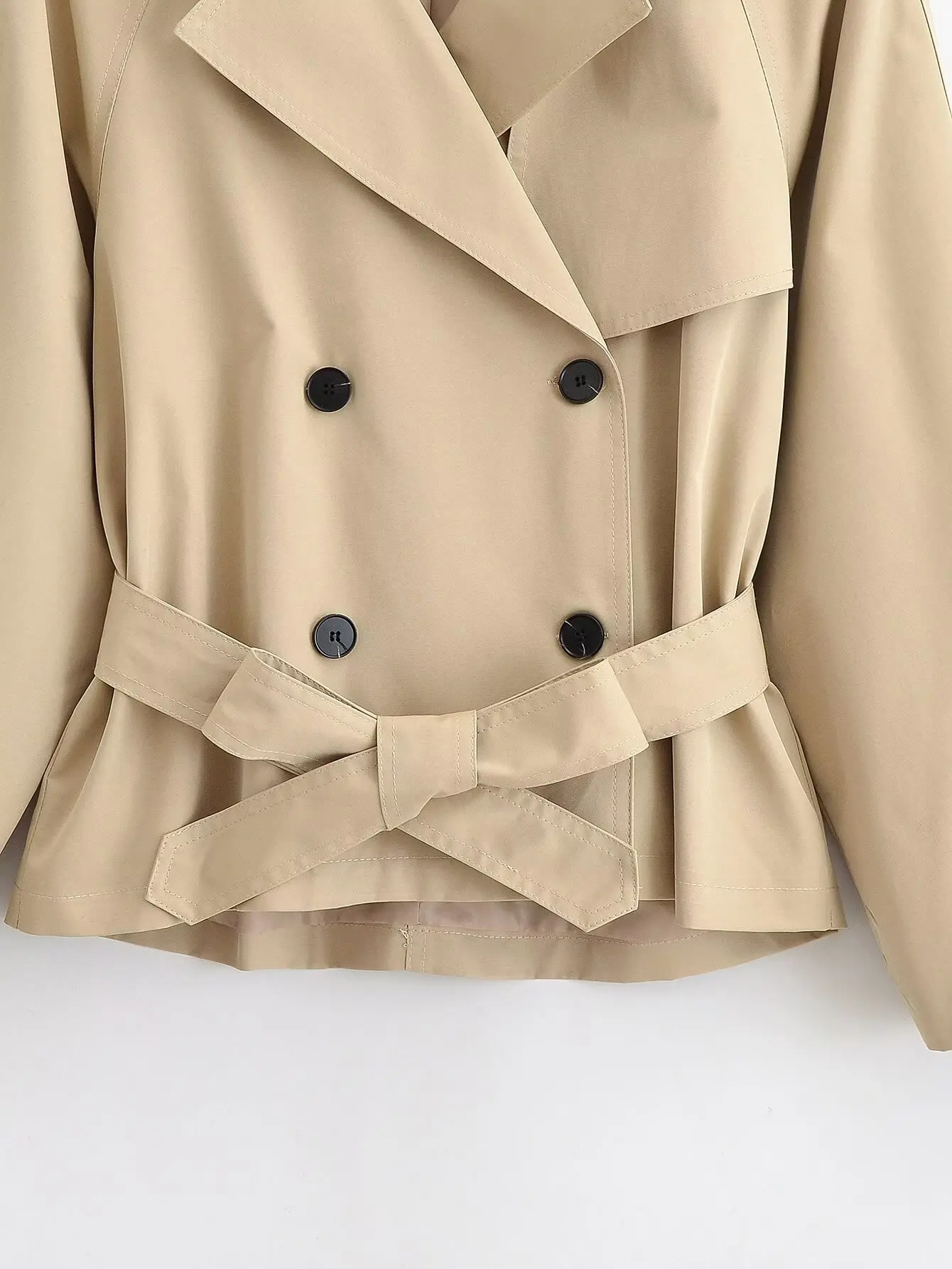 Damen Vintage Windbreaker-Jacke Frühling Damenjacke mit Reverskragen Doppelreihig Locker Geschnitten mit Gürtel Schicke Lässige Oberbekleidung – Detail 5