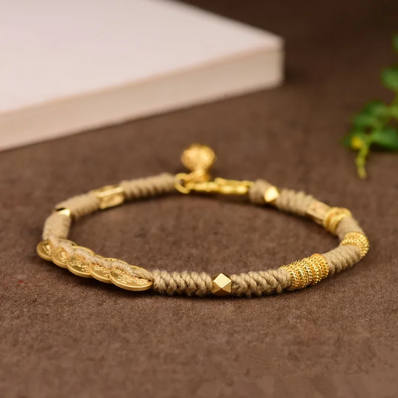 Hand Woven Five Coins Lucky Red Bracelet Blessing Hand Rope Female National Style Beige Rope Lover Girlfriend Bracelet