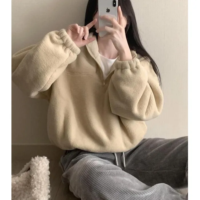 เสื้อฮู้ดดี้โอเวอร์ไซส์สุดชิคสำหรับผู้หญิง สไตล์ลำลอง ใส่ได้ทั้งฤดูใบไม้ร่วงและฤดูหนาว สีพื้นเรียบๆ ซิปหน้า คอเล็ก ทรงสวมใส่สบาย