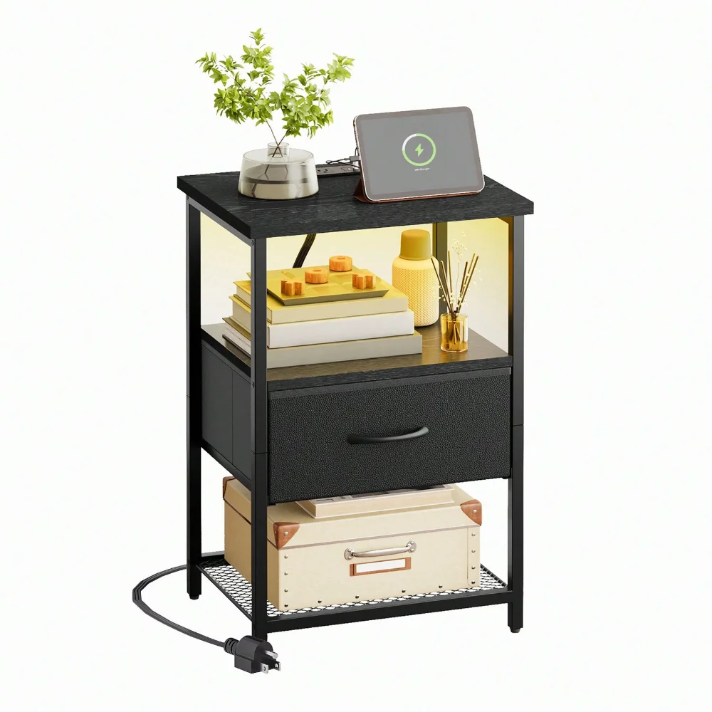 

Tomnk Beside Table With Charging Station, LED Nightstand With Fabric Drawers, End Table With PU Finish, Bedside Table, For Bedro