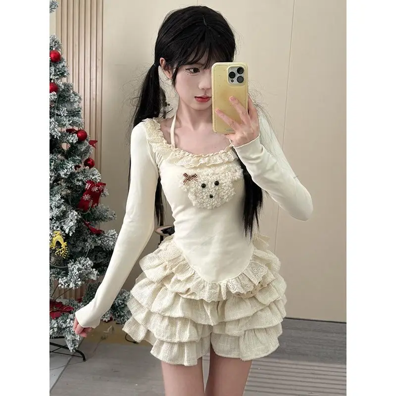 Fall Winter Women Korean Shoujo Girl Knit T-Shirts Lace Tee Cute Core Slim Tops Design Coquette Gyaru Kpop 2000s Aesthetic Kpop