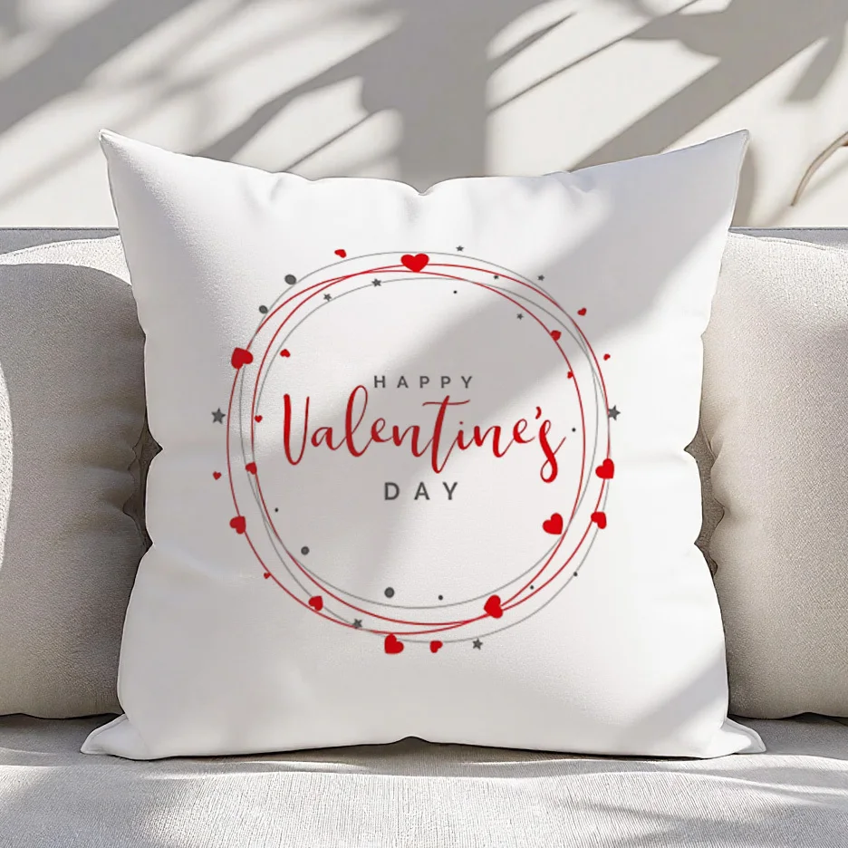 Pillow Cover Happy Valentine's Day Heart Wreath Cursive Script Red Stars Soft Polyester Zipper Machine Washable Sofa Bed Decor