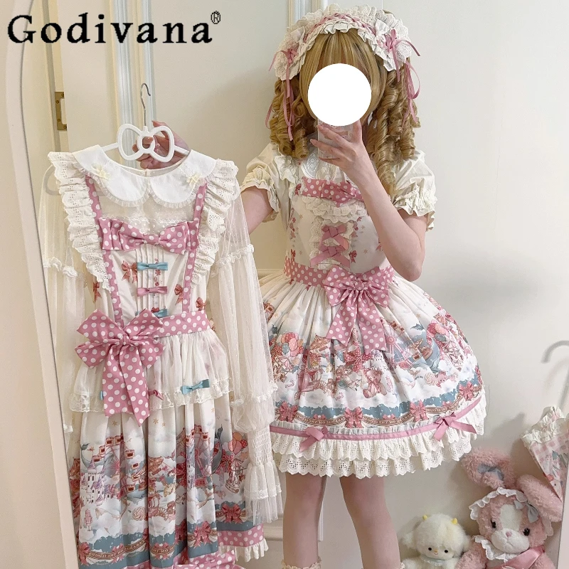

Original Sweet Lolita Style Sling Dress JSK Summer Japanese Girl's Cute Bow Print Strap Dresses Mini Sleeveless Dress Vestidos
