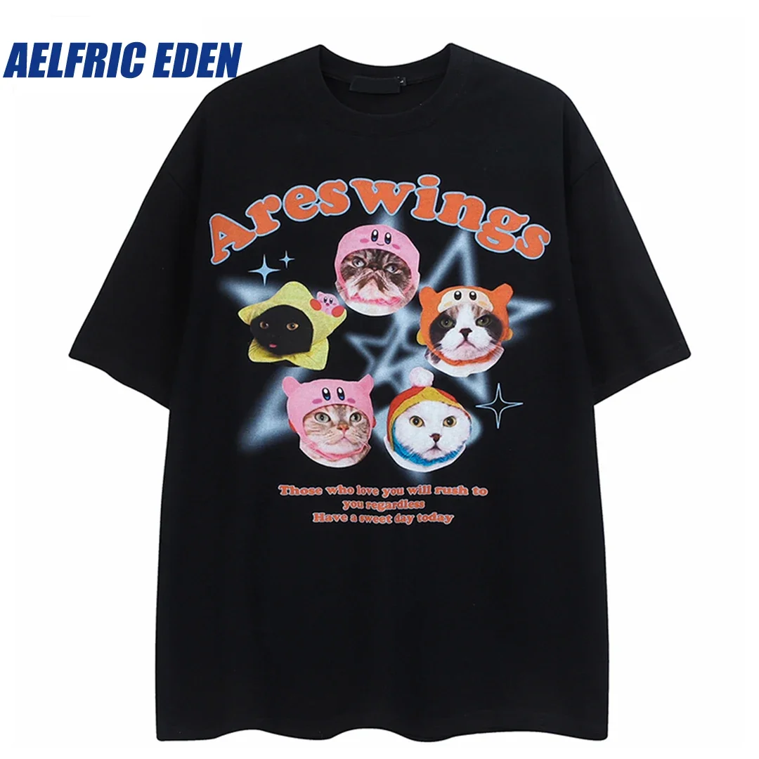 Aelfric Eden Funny Cats Graphic T-Shirt 2023 Summer Men Hip Hop Streetwear Tshirt Harajuku Cotton Loose Tops Tees Oversized