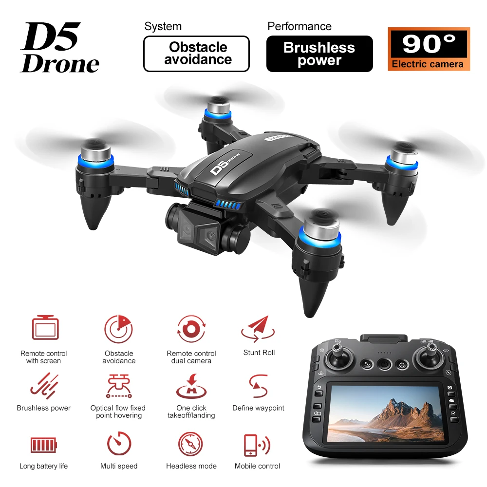 

D5 Drone With Large Screen Control 4K Professional HD Dual Camera Brushless Obstacle Avoidance Foldable RC Quadcopters Dron Toy