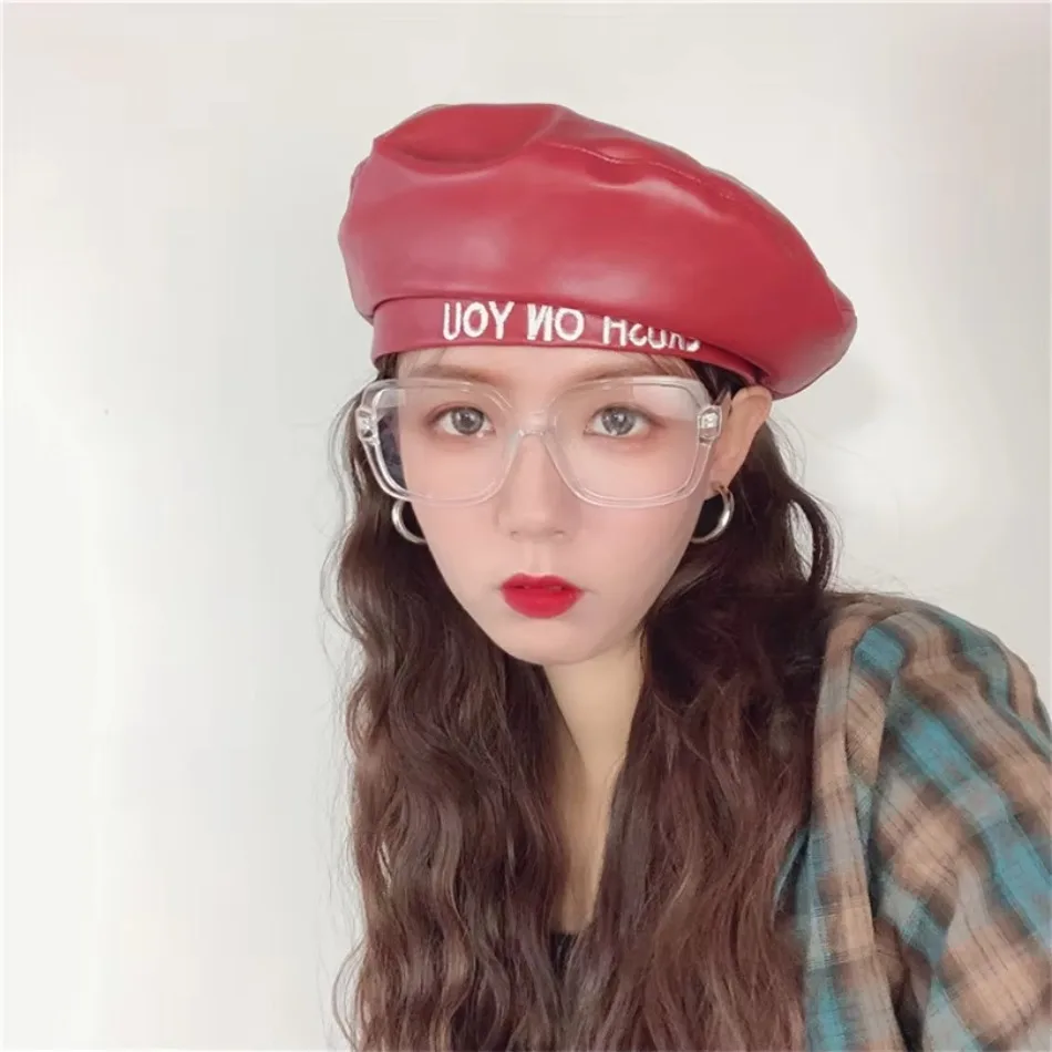 Beret Women\'s Spring Autumn New Embroidered Letter PU Leather Flat Top Japanese and Korean Street Shooting Fashion Bud Hat