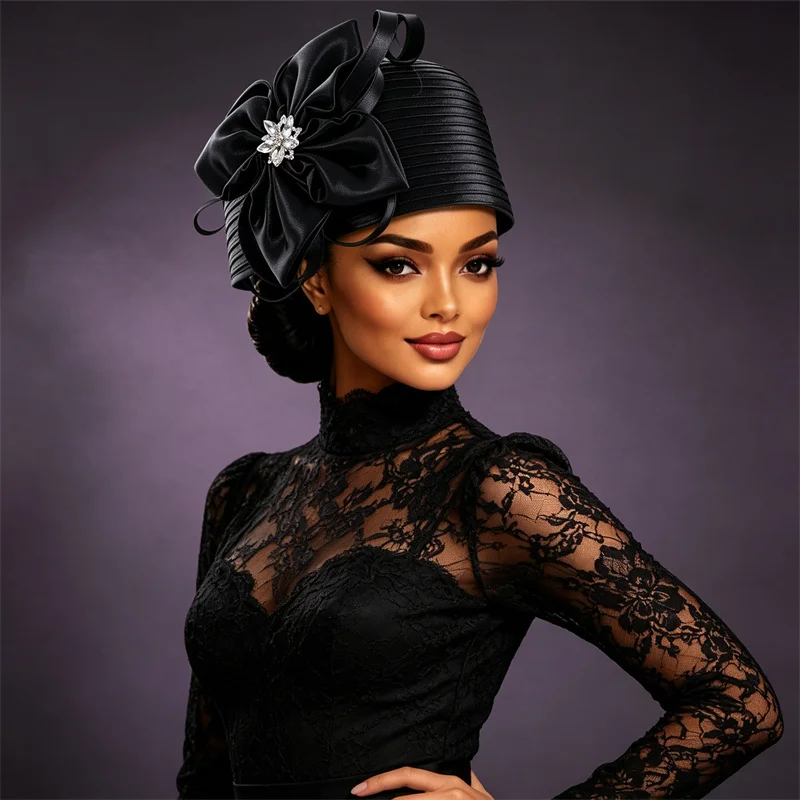 Elegant Bow Flower Bonnet Rhinestone Turban Hat Pleated Head Wrap Luxury Formal Wedding Church Tea Party Headwear African Geles