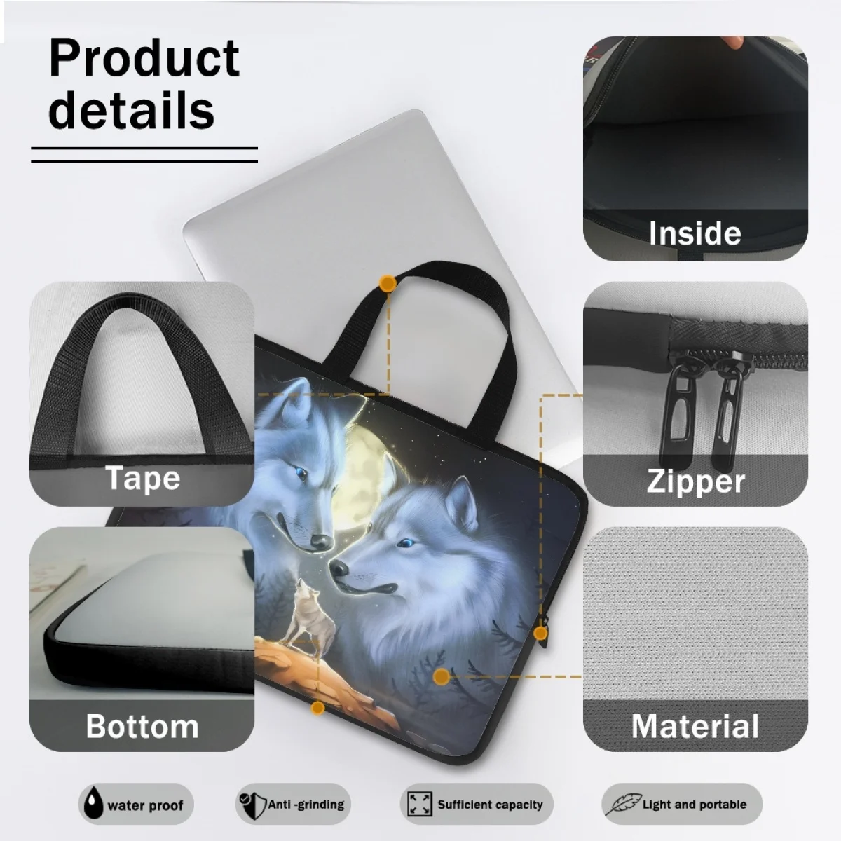 Juste de protection universelle pour tablette portable, sac de voyage extérieur, conception de loup 3D, étui à bombes à glissière, ordinateur portable d'affaires, 2023