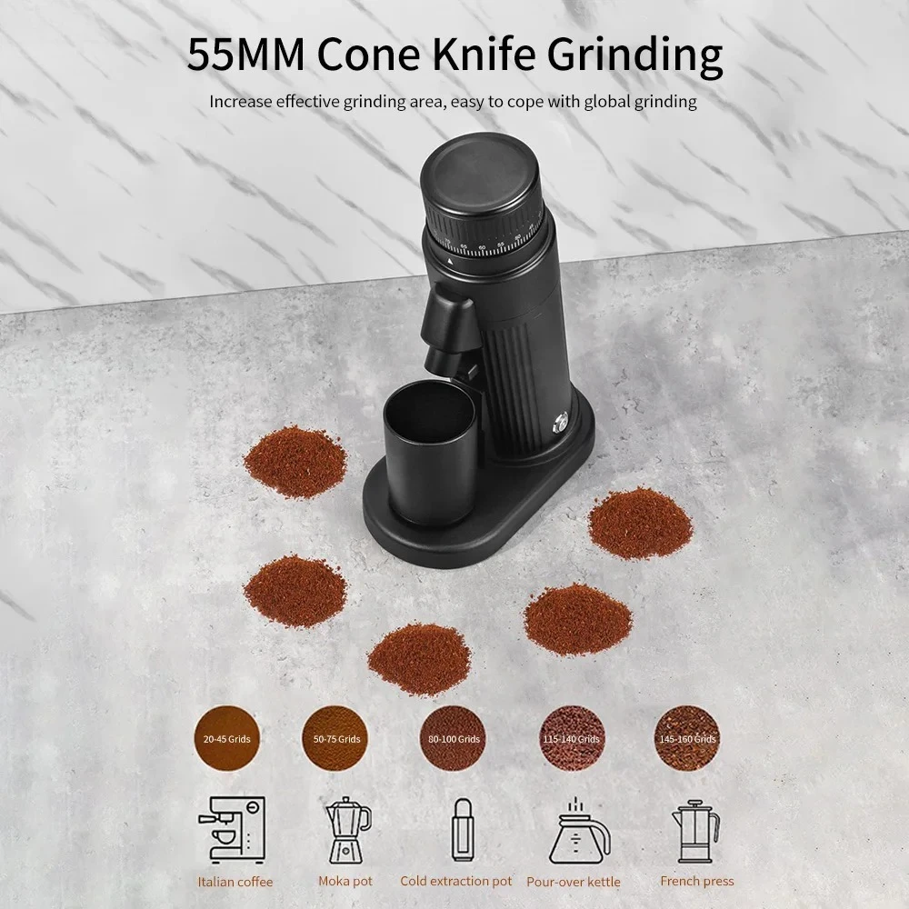 DC 24V Portable Coffee Grinder 55mm 7‑Core Conical Burr Stepless Adjustment for Home Outdoor Espresso Brewing