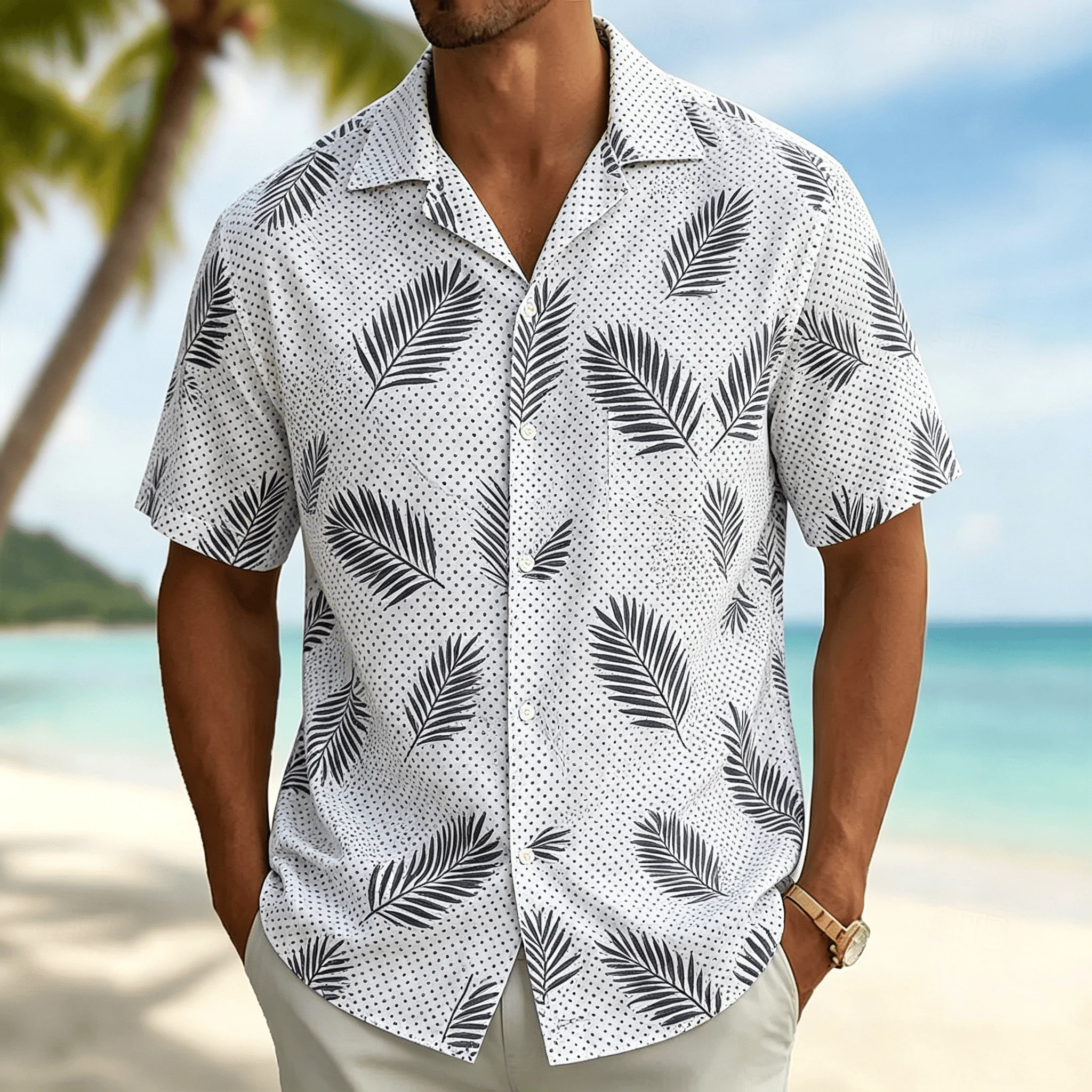 Men's Palm Leaf Print Short Sleeve Shirt, Casual Hawaiian Button Down Top, White Base Green Nature Design for Spring Summer
