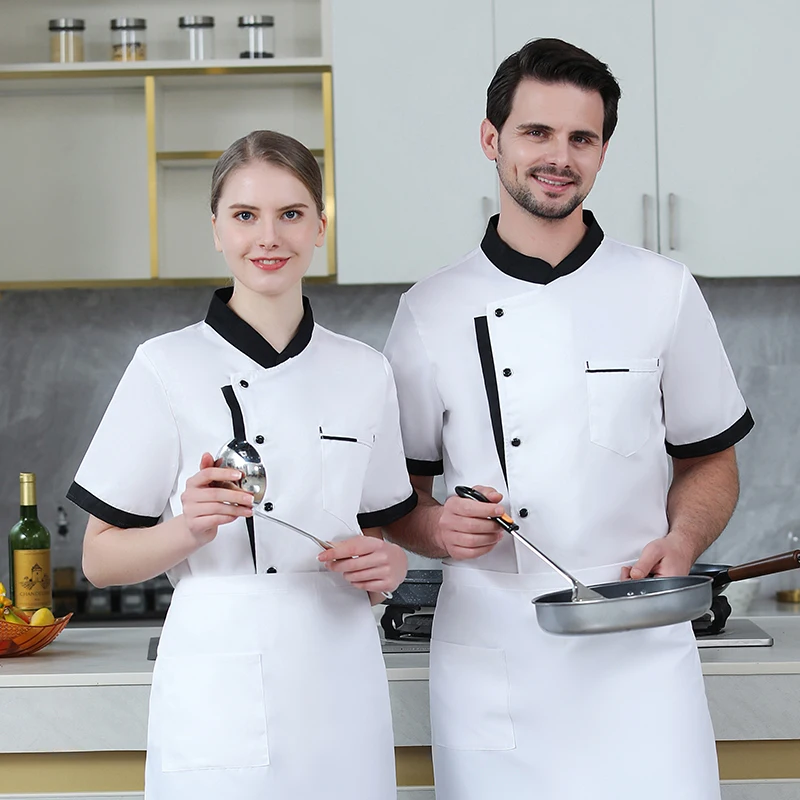 Nova cozinha unisex hotel chef padaria uniforme food service cozinheiro camisa de manga curta respirável chef trespassado duplo roupas jaqueta