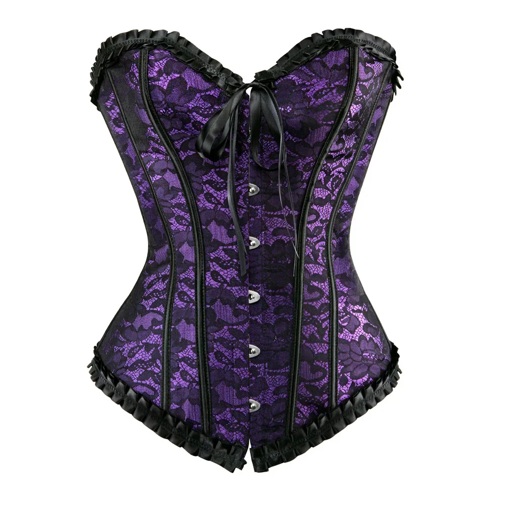 

Purple Gray Black Red Steampunk Korset Women Lingeries Dance Wearing Costumes Floral Lace Boned Corsets And Bustiers XS-6XL