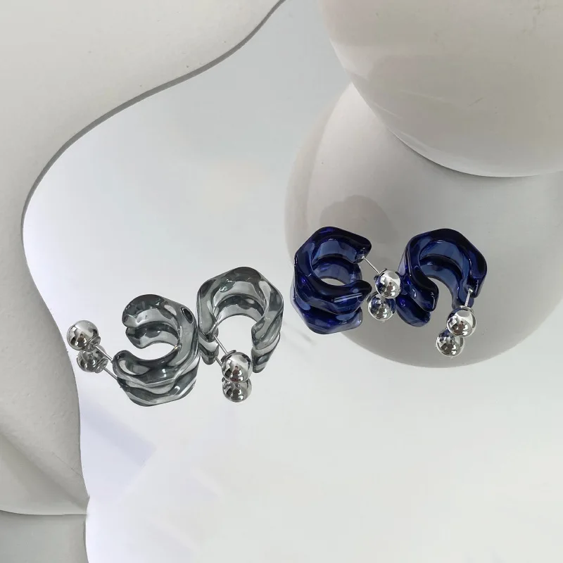 New Acrylic C Shape Earrings for Women Metal Bean Double Layer Drop Earrings Party Gift Trendy Jewelry White Blue Grey