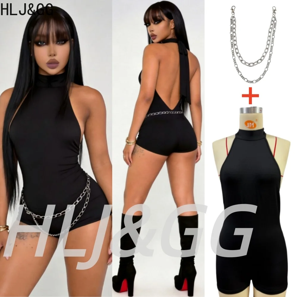 

HLJ&GG Black Sexy Hollow Halter Bodycon One Piece Rompers Women Sleeveless Backless Jumpsuit Fashion Stretchy Overall With Chain
