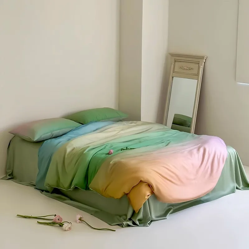 60S Lyocell Digital Print Bedding Set Smooth Silky Duvet Cover Flat Sheet Pillowcases Luxury Gradient Floral Bed Linen 4pcs