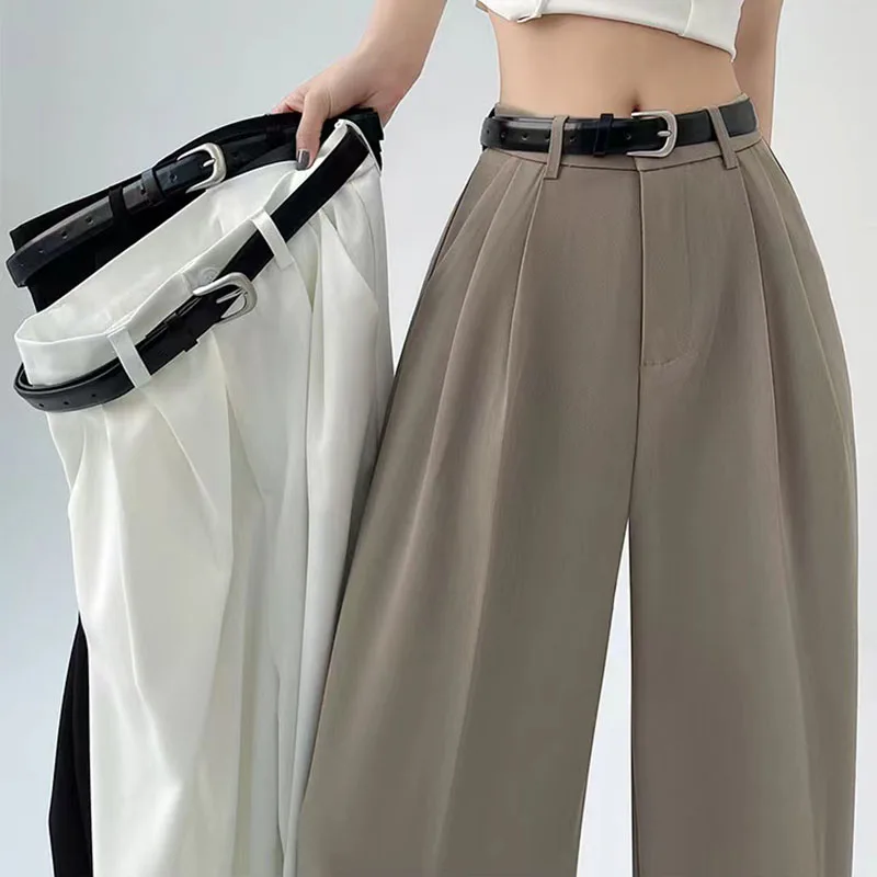 High Waist Belt Wide Leg Suit Pants Y2K Fashion Baggy Korean All-Match Trousers Solid Elegant Office Ladies Chic Straight Pants