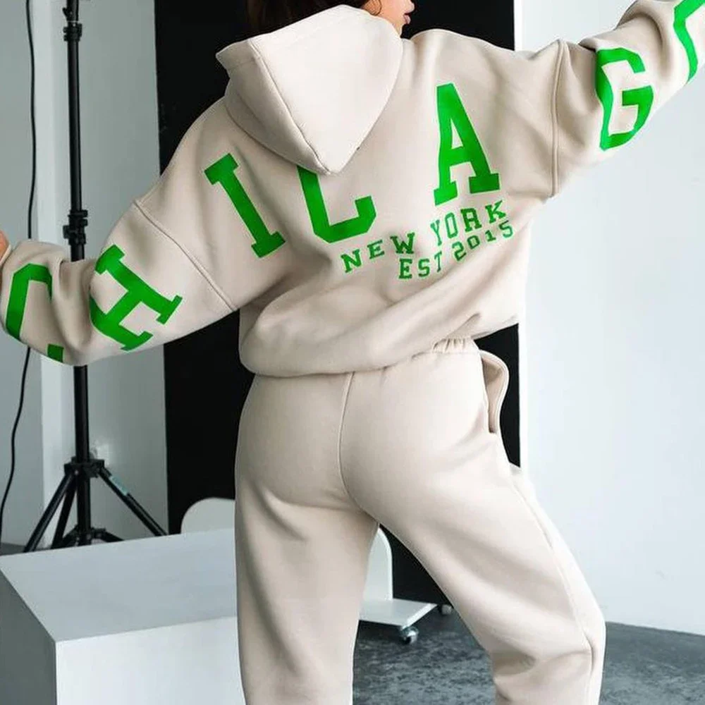 レディースセット オールシーズン シンプル 上品 長袖 ラウンドネック ナチュラルウエスト フルレングス レタープリント フード付き スポーティ レディースセット