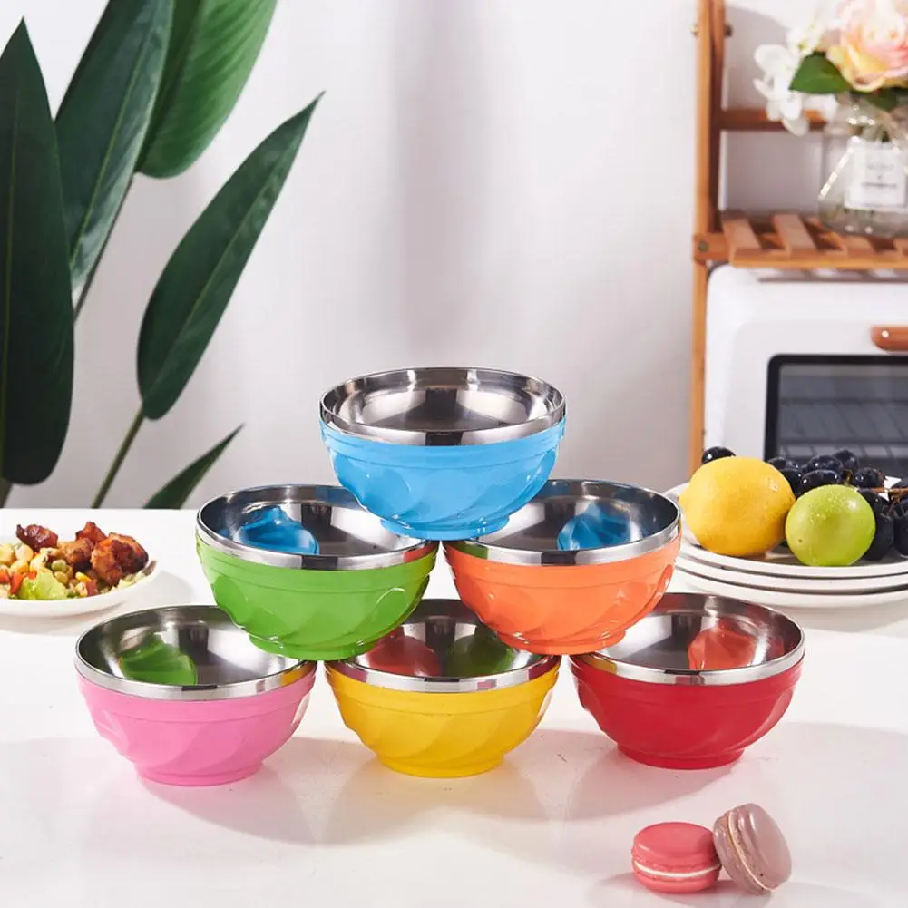 Candy Color Double-layer Stainless Steel Bowl Creative Dinnerware Insulation Noodle Heat Children Rice Soup L5W4