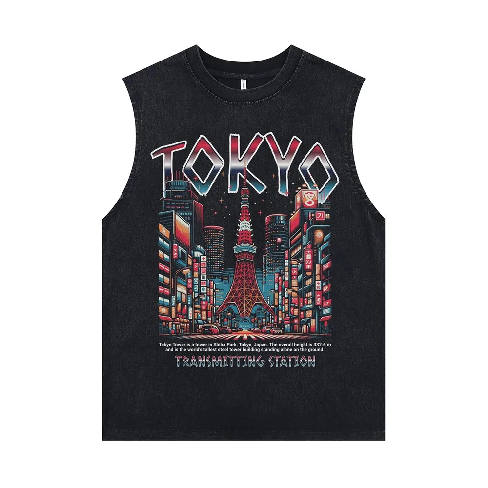 Tokyo City Kartoon Graphic Vest for Women Men Vintage Washed Sleeveless Oversized Grunge Goth Summer Tops Tees Shirts Streetwear