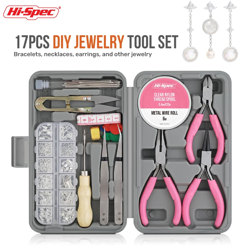 Hi-Spec 17Pcs Jewelry DIY Hand Tools Tweezers Plier Measure Woodworking Tools Kit Auto Repairing Tool Set Tools Box For Home Diy