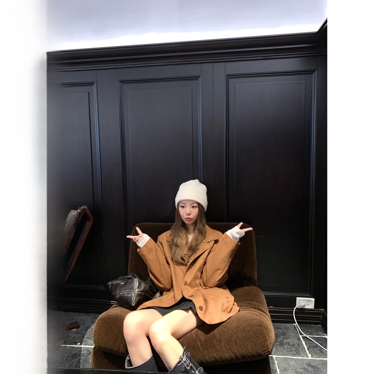 

YUYUREAL Suede Jaet Miu Sle Vintage Collar ort Outerwear Autumn Season Casual Commute Loose Fit Long Sve Coat