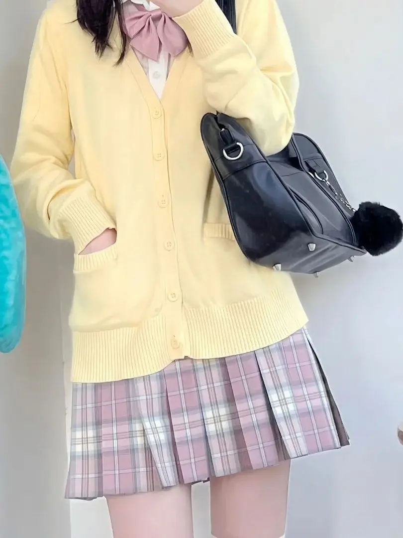 

Sweet Japanese College Style Yellow Knitted Sweater Coat Jacket Layering Shirt Short Skirt Set Fashionable School Uniform
