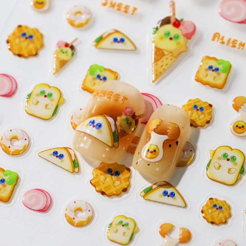 Cute Cartoon Biscuit Sandwiches Donuts Ice Cream Cone Desserts Embossed Reliefs Self Adhesive Nail Art Stickers Manicure Decals