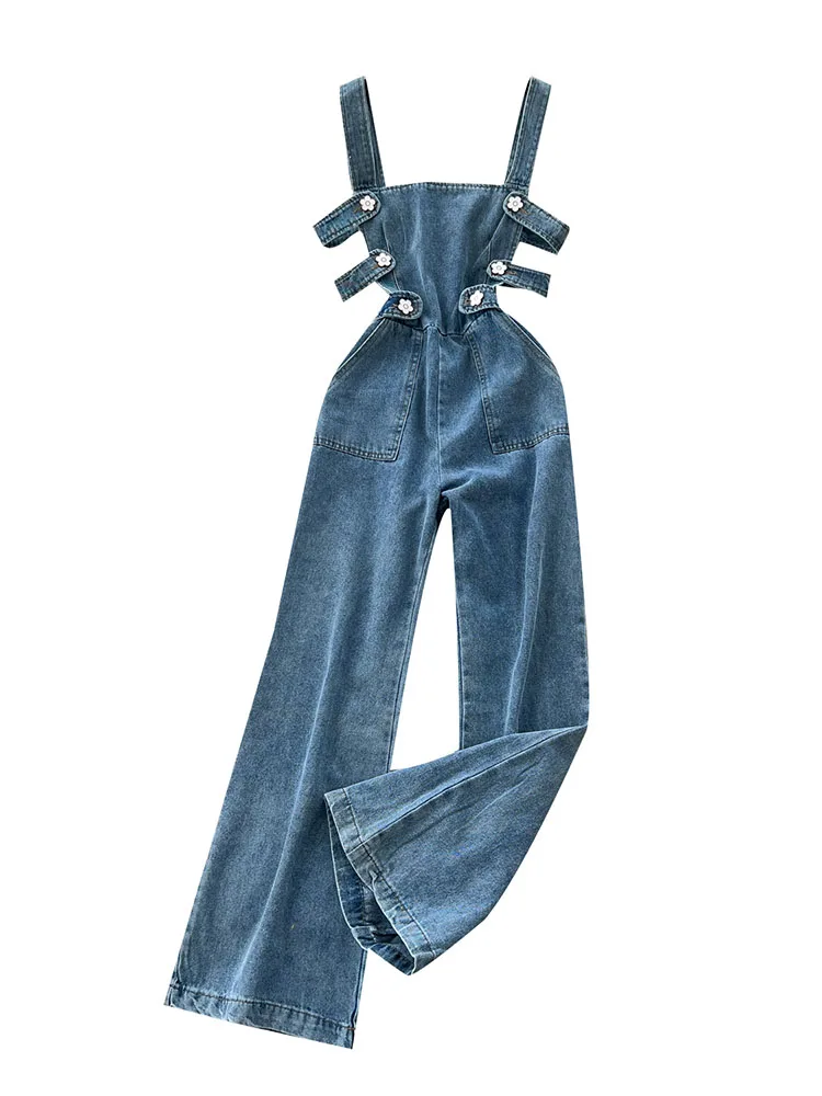 レトロデニムジャンプスーツ レディース 夏 2025 アップリケボタン フルパンツ 韓国風 ハイストリート ルーズストレートレッグ オーバーオール