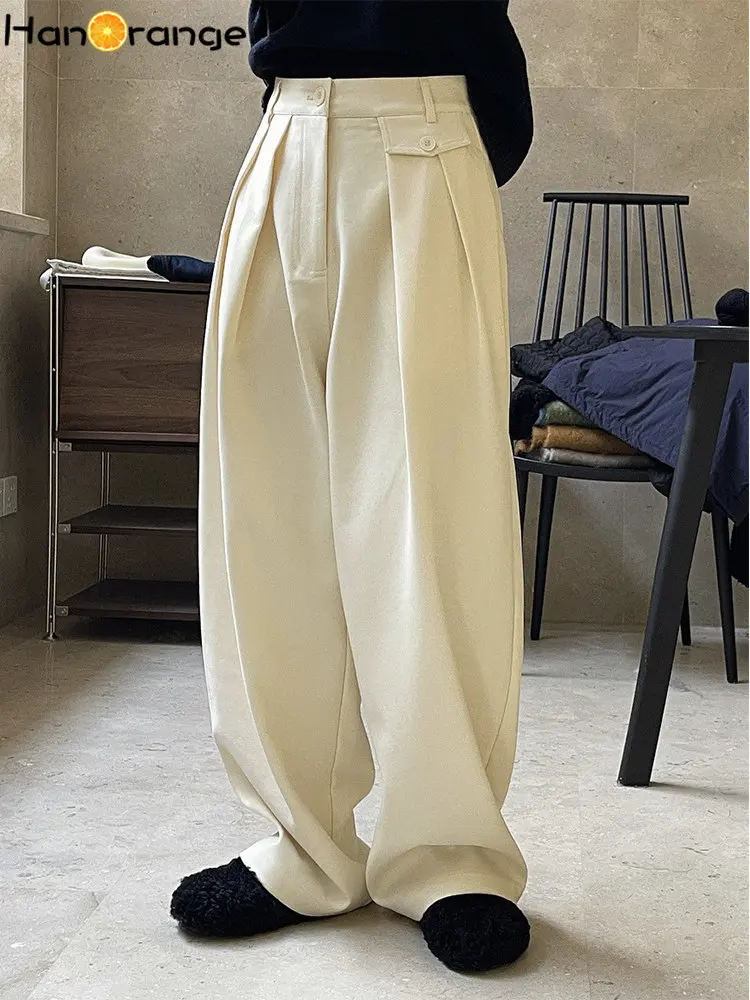 

HanOrange 2024 Winter Simple Casual Wide Leg Pants Women Comfortable Slouchy Loose Thick Warm Trousers Female Black/Off White