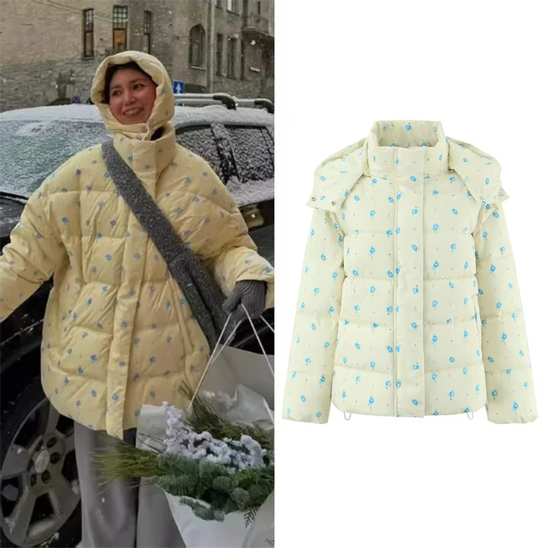

Women's Cotton Jacket 2025 New Winter Style Yellow Long-Sleeve Printed Hooded Loose Warm Cotton Jacket Casual Fashion Versatile