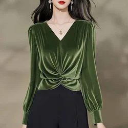 Spring Autumn New Top Tee Ladies Fashion Bottoming Shirt Temperament Fashionable Solid Color V-neck Long Sleeve Trend Pullovers