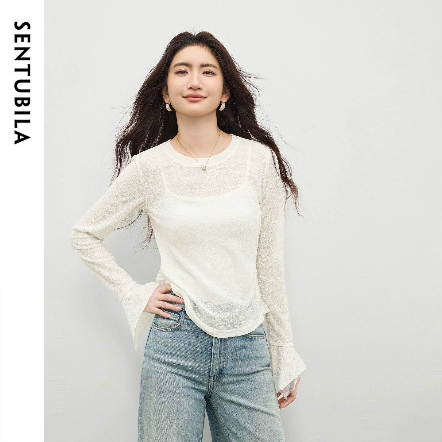 SENTUBILA Women's Lace T-Shirt 2026 Spring Round Neck Flare Sleeve See-Through Long Sleeve 3D Textured Lace Tops 161TG5386