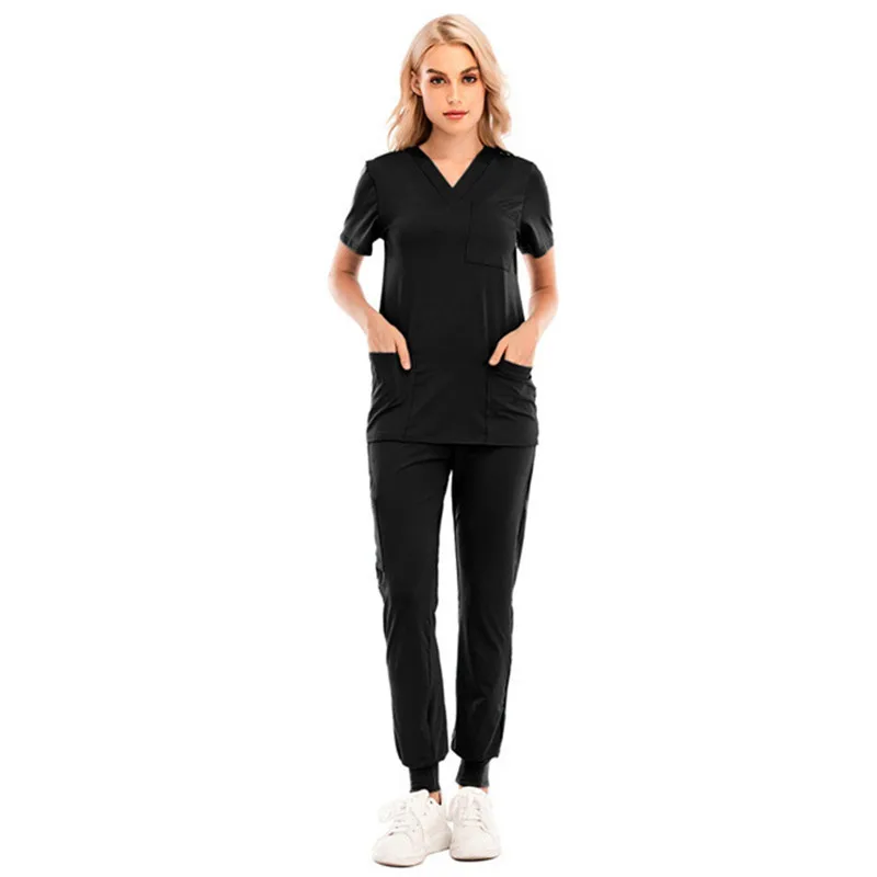 

Multicolour Doctor Nurse Uniform Uniform Set New Sports Casual Jogging Pants Solid Colour V-Neck Short Sleeve Pocket Clothing