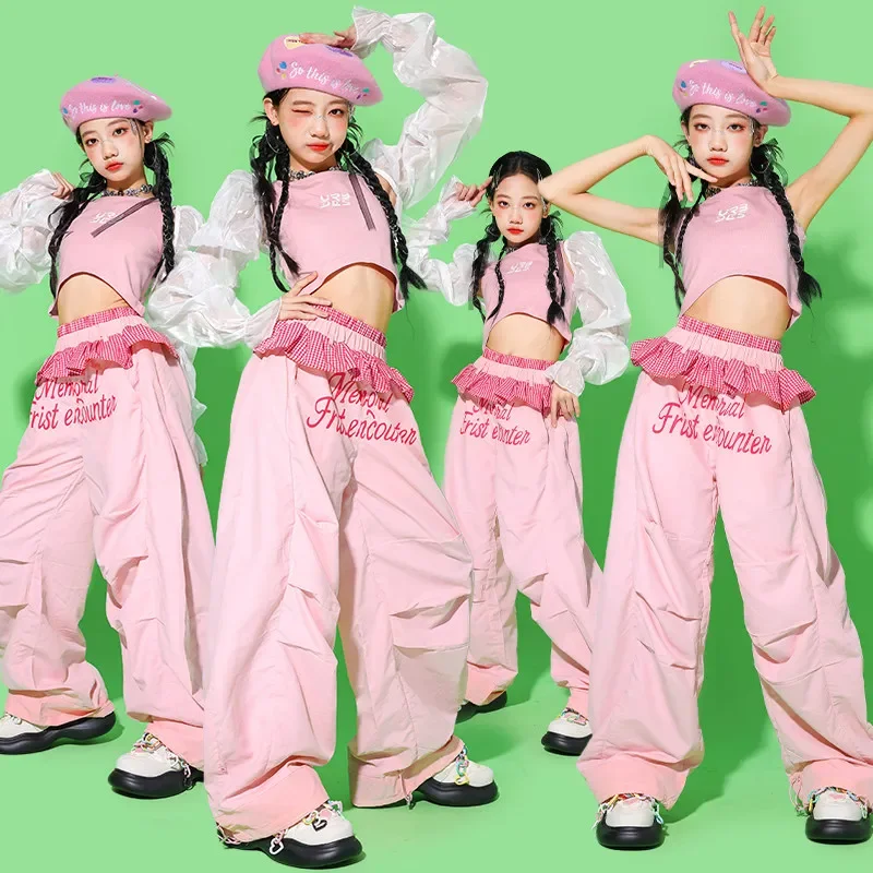 

Одежда для джазовых танцев для девочек, одежда в стиле K-pop, одежда для выступлений в стиле хип-хоп, розовые брюки, модный костюм для уличных танцев