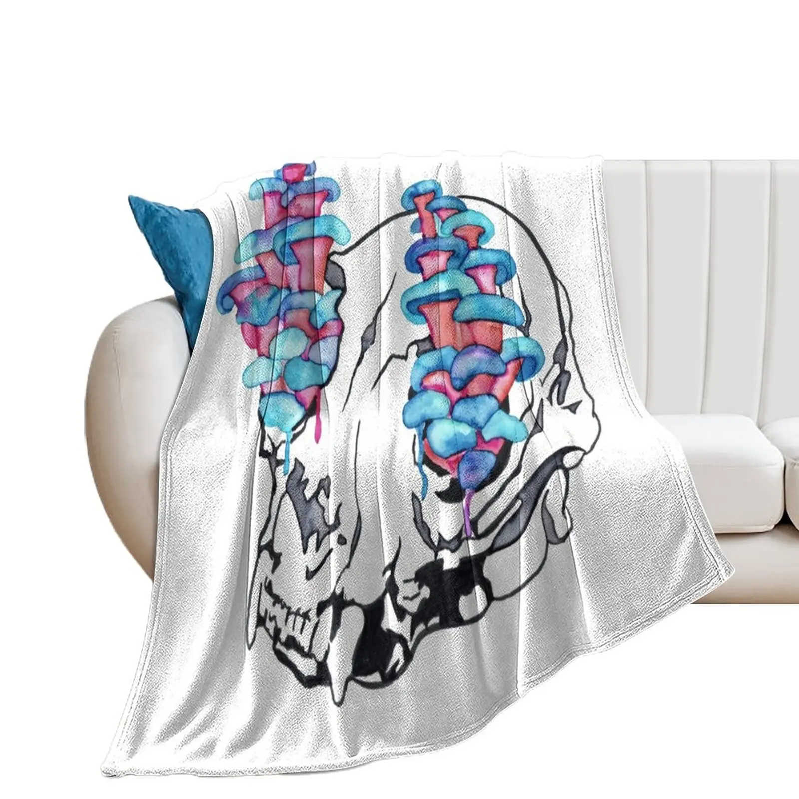 Feline Skull with Mushrooms (watercolor) Throw Blanket Sofa Quilt Kid'S cosplay anime decorative Blankets