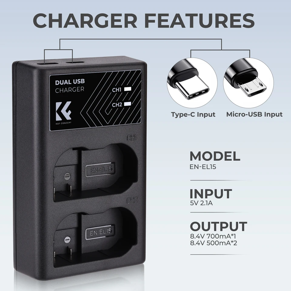K&F Concept カメラバッテリー充電器 Nikon EN-EL15 / EN-EL15A / 15B