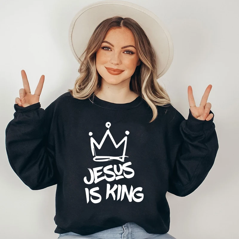 

Jesus Is King Women Sweatshirt Cotton Fashion Long Sleeve Hoodies Religious Clothes Christian Movational Graphi Jumpers Dropship