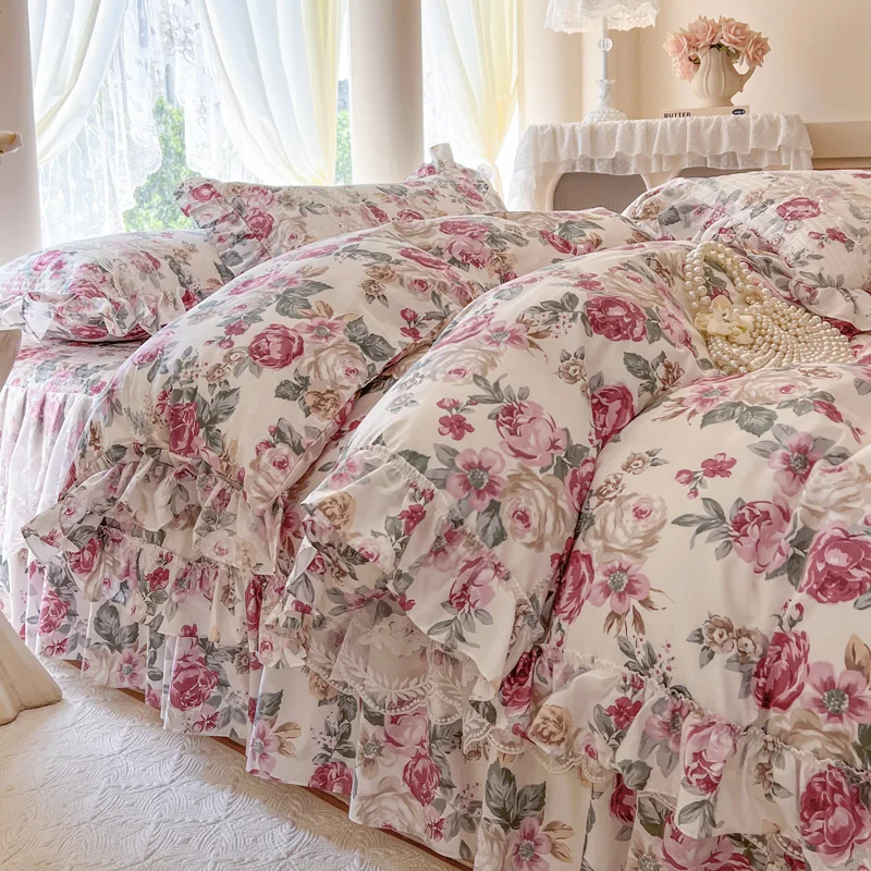 4/6Pcs Korean Princess Style Rose Flowers Prints Lace Ruffles 100% Cotton Bedding Set Duvet Cover Quilted Bed Skirt Pillowcases