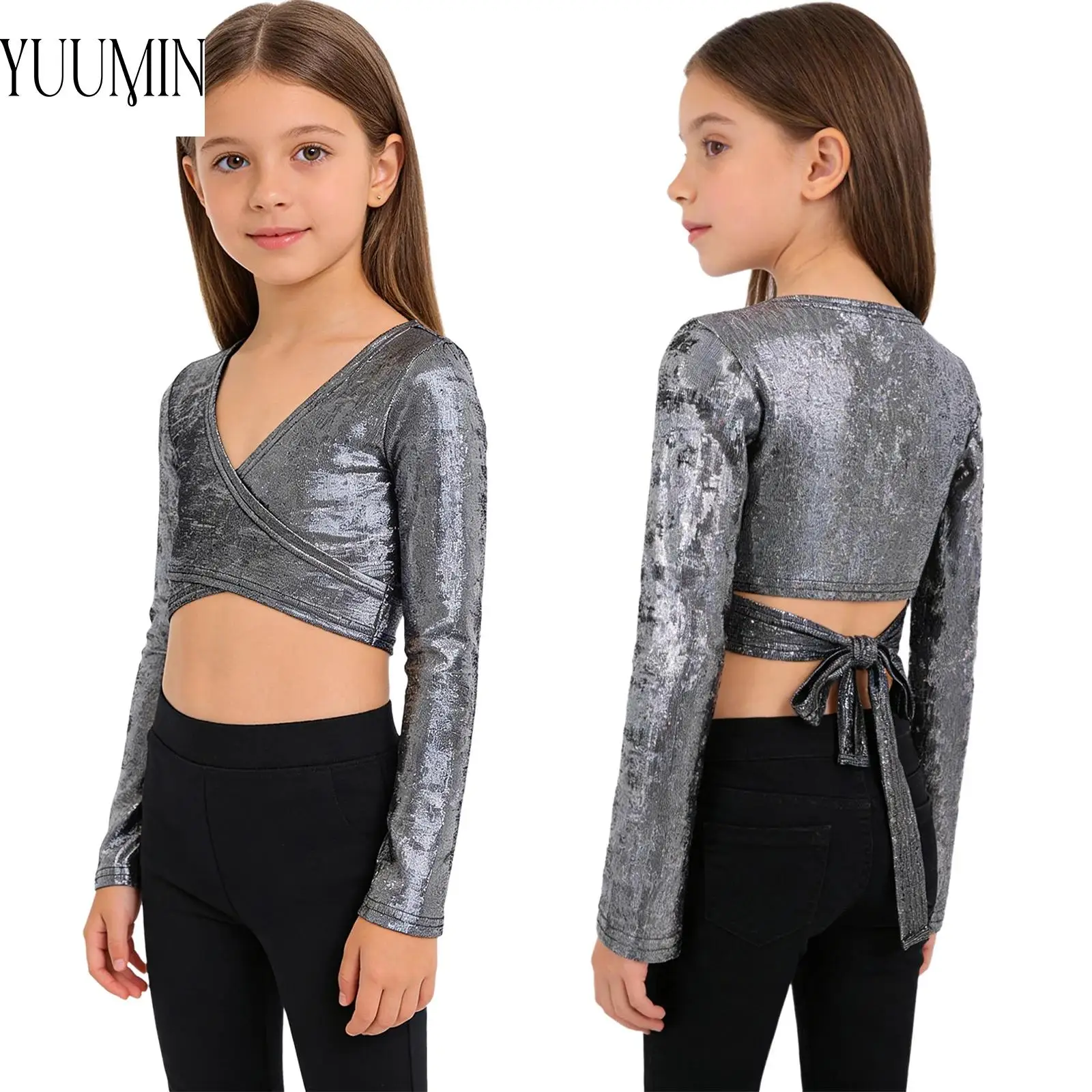 

Kids Girls Hip-Hop Jazz Street Dance Costume Self-Tie Wrap Tops Dancewear Long Sleeve Metallic Crop Top for Training Performance