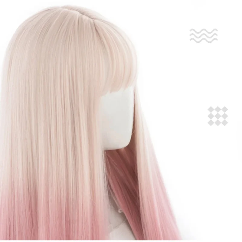 MEIFAN Synthetic Cosplay Lolita Long Straight Color Daily Wig Anime Wig Female Hair Blue Pink Gradient Headgear Harajuku Wig