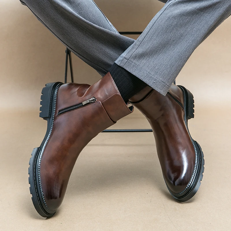 Versatile and Fashionable Leather Men Casual Boots Luxurious and Simple Business Office High Top Boots Comfortable Chelsea Boots