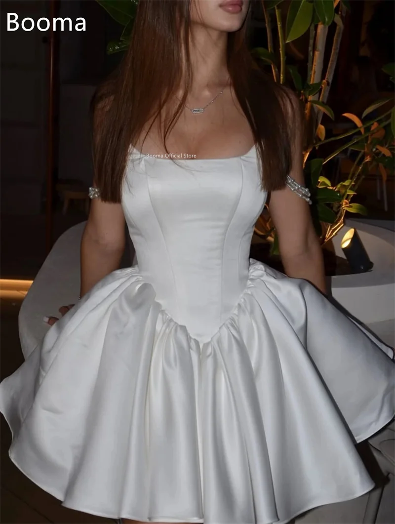 Booma a-line عاجي صغير عاري الكتفين من الساتان فساتين زفاف مطوي بسيط لؤلؤ أنيق فستان عرائس مصنوع حسب الطلب 2025