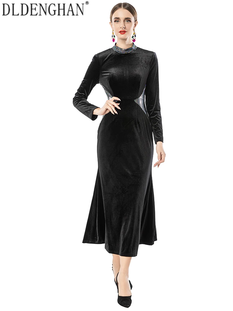 DLDENGHAN Elegant Black Velvet Dress with Diamonds Stand Collar Long Sleeve Mermaid Style Women Fashionable Party Wear Autumn