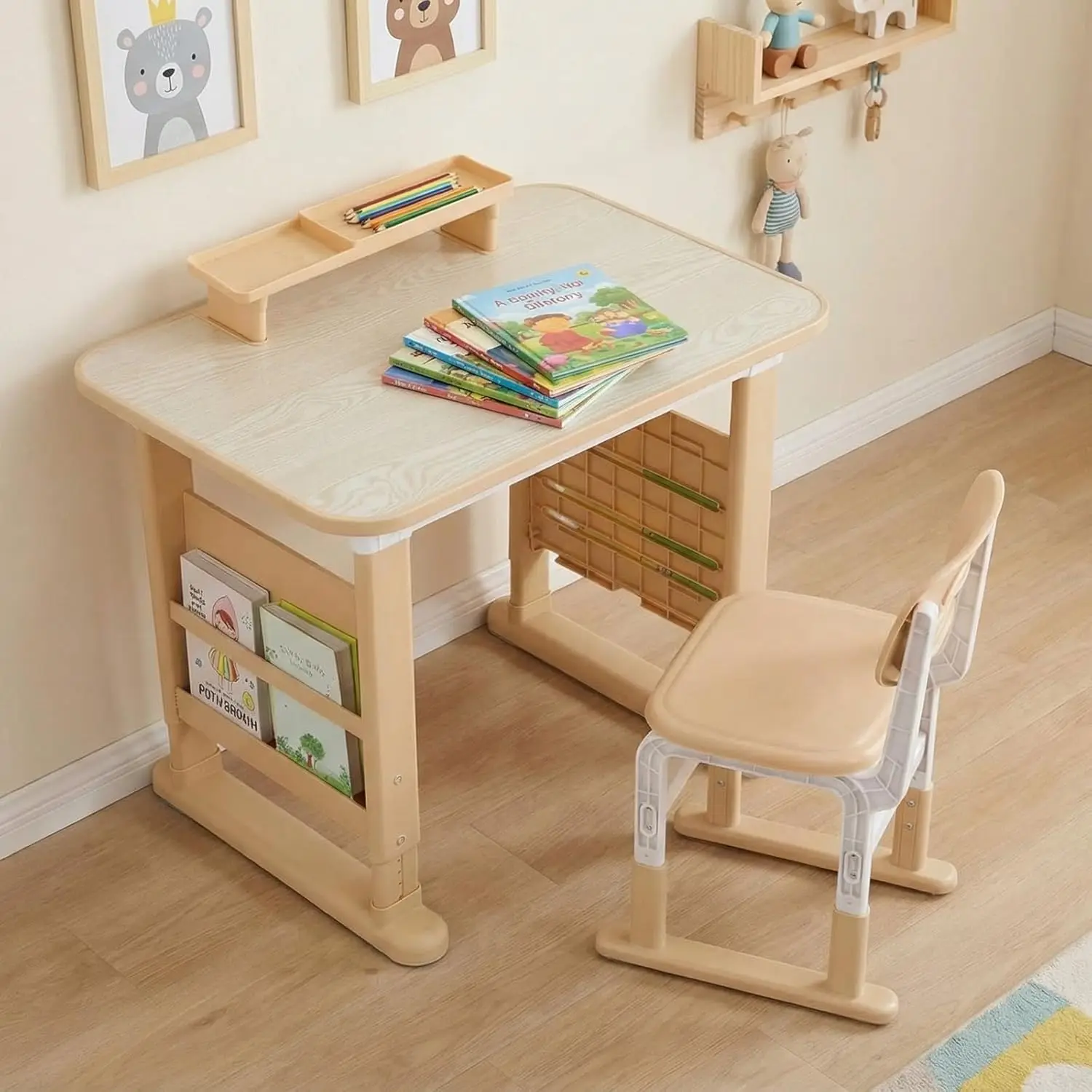 Kinderbureau met stoelenset voor kinderen van 3-12 jaar, in hoogte verstelbaar, met zijboekenplank en opbergruimte voor kinderkamers en thuiskantoren