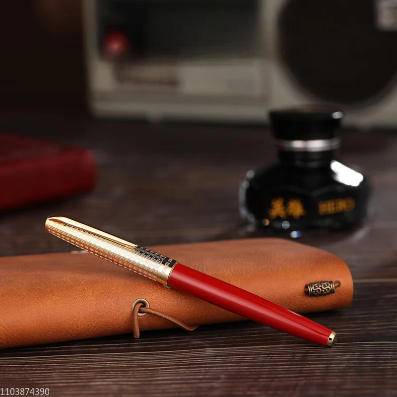 Imagem -06 - Hero 100 14k Gold Metal Fountain Pen Vermelho Metálico Tinta Assada ef 0.38 mm Escrita Escritório Elegante Papelaria de Luxo Conjunto de Presente