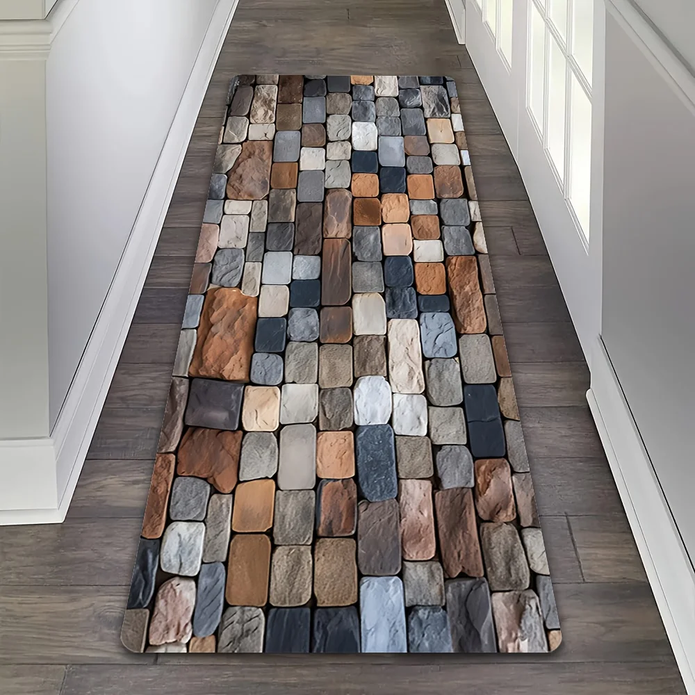 Mixed Color Cobblestone Hallway Runner Rug Rustic Stone Tile Print Anti Slip Long Floor Mat for Kitchen Carpets for Living Room