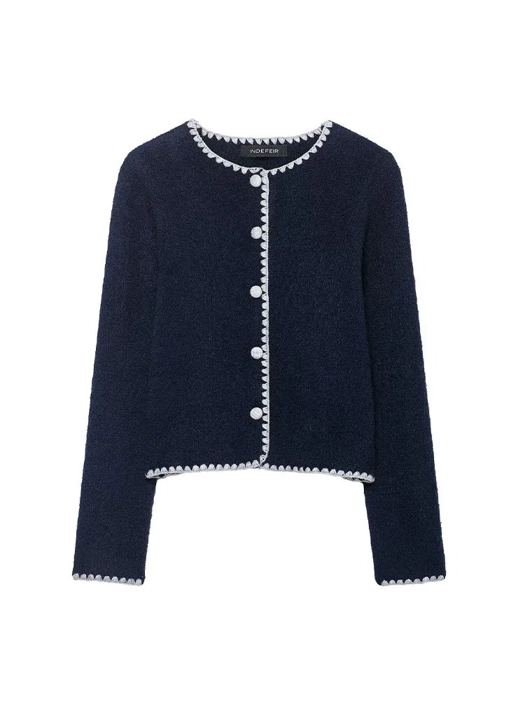 

HH Woman Fashion Autumn Lace Embroidery Decoration Round Neck Single Breasted Long Sleeves Knitted Jacket Female Slim Fit Coat