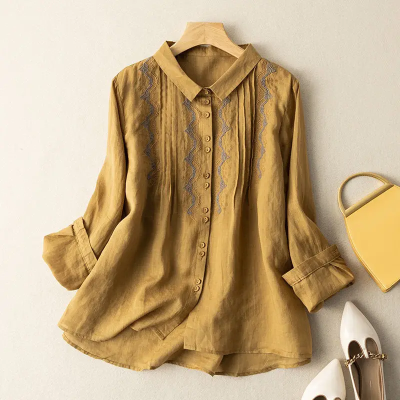 Women\'s Spring Summer 2024 New Spliced Polo Collar Button Folds Fashion Solid Loose Minimalist Casual Long Sleeve Blouses Shirts