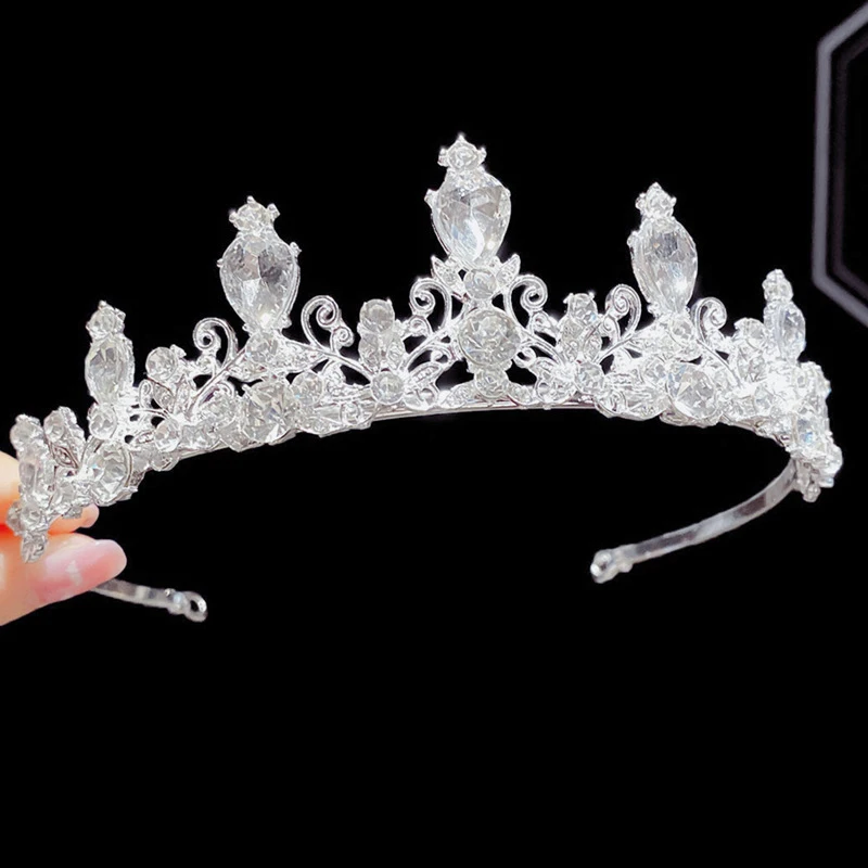 New Women Girls Silver Color Crown Headwear Korean Crystal Tiara Fashion Birthday Dress Rhinestone Crown Hair Accessories